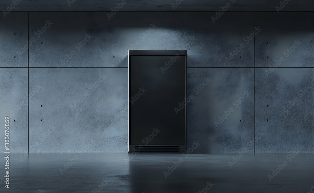 Dark Minimalist Concrete Room with a Black Refrigerator Dark Minimalist Concrete Room with a Black Refrigerator