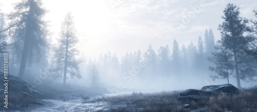 Misty winter forest scene with tall evergreen trees, rocks, and a foggy atmosphere.