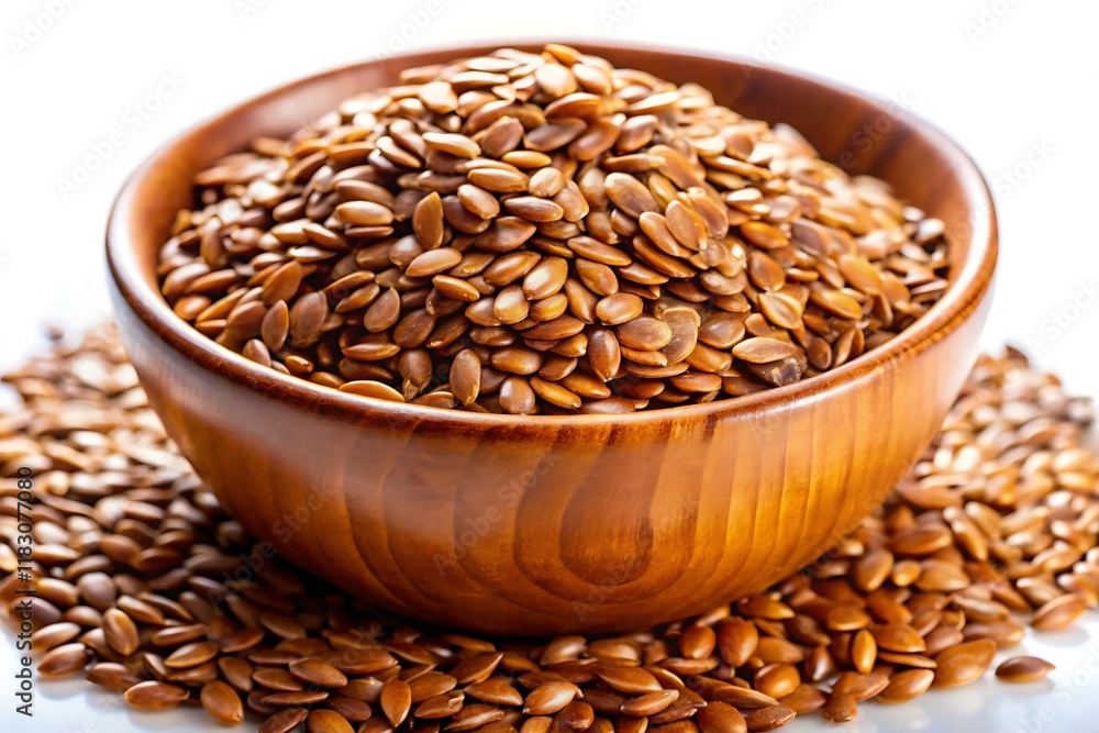 A wooden bowl filled with brown flax seeds sits on a white surface, with some seeds scattered around it. A wooden bowl filled with brown flax seeds sits on a white surface, with some seeds scattered around it.