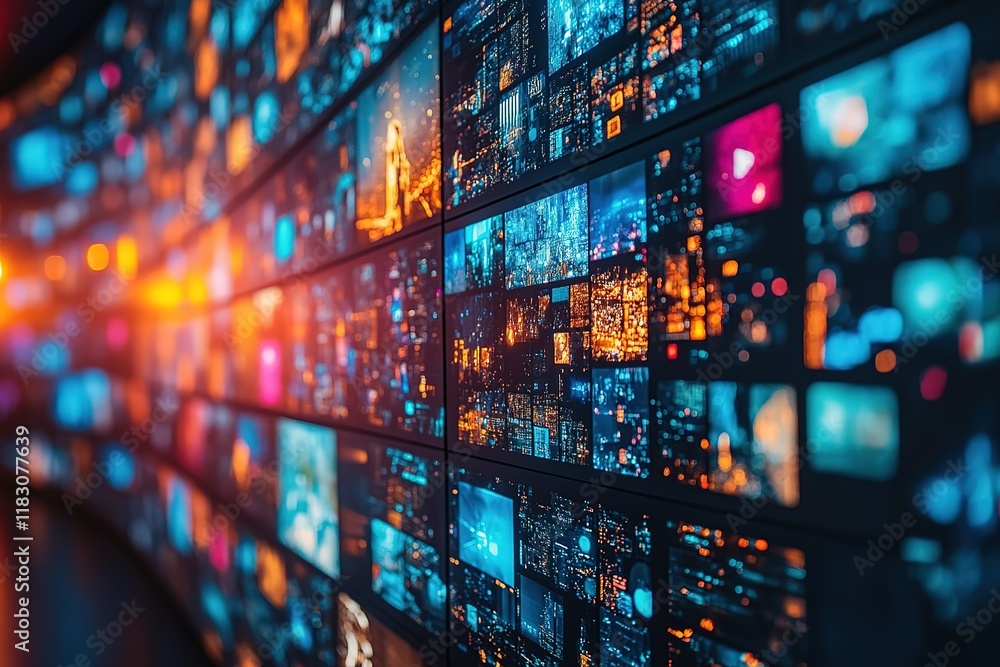 Wall of screens displaying vibrant data streams and cityscapes. A digital landscape of information. Wall of screens displaying vibrant data streams and cityscapes. A digital landscape of information.