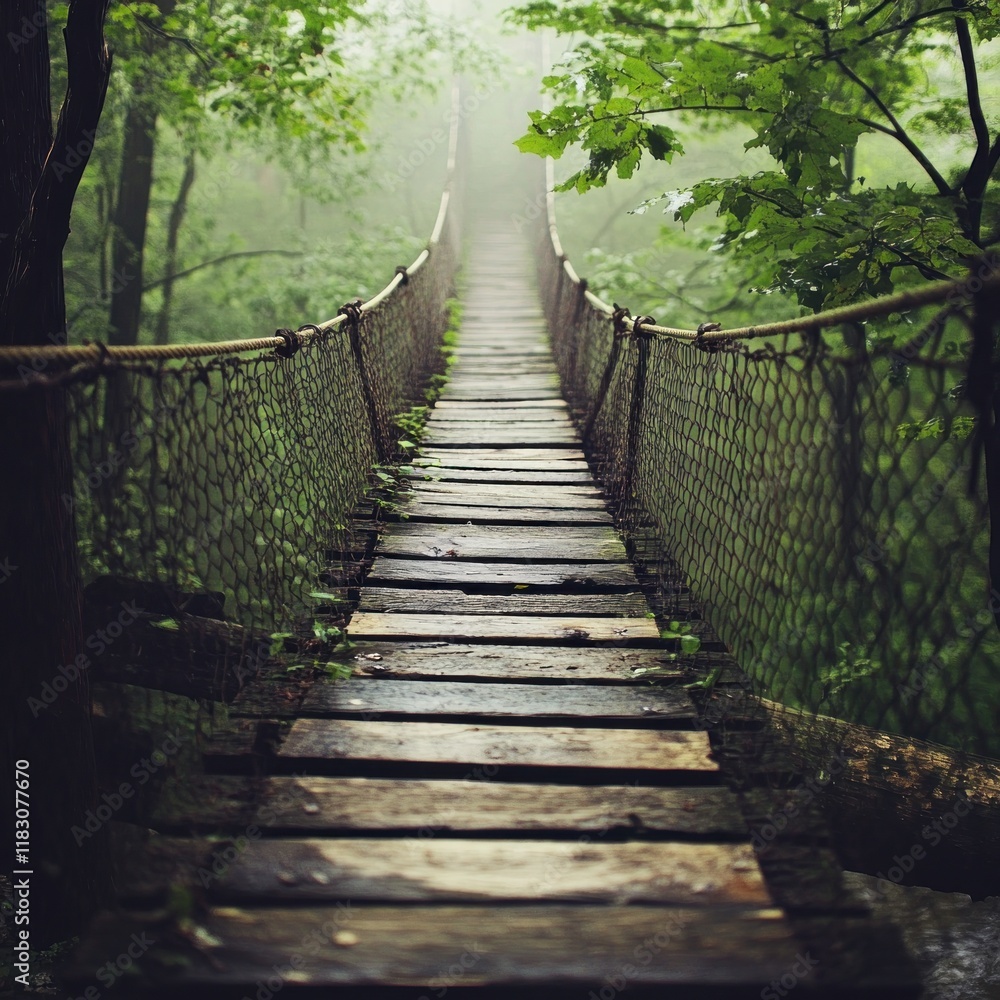 Obraz premium Misty forest rope bridge path.