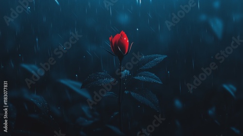 Solitary Rose Blooming in Rainy Night