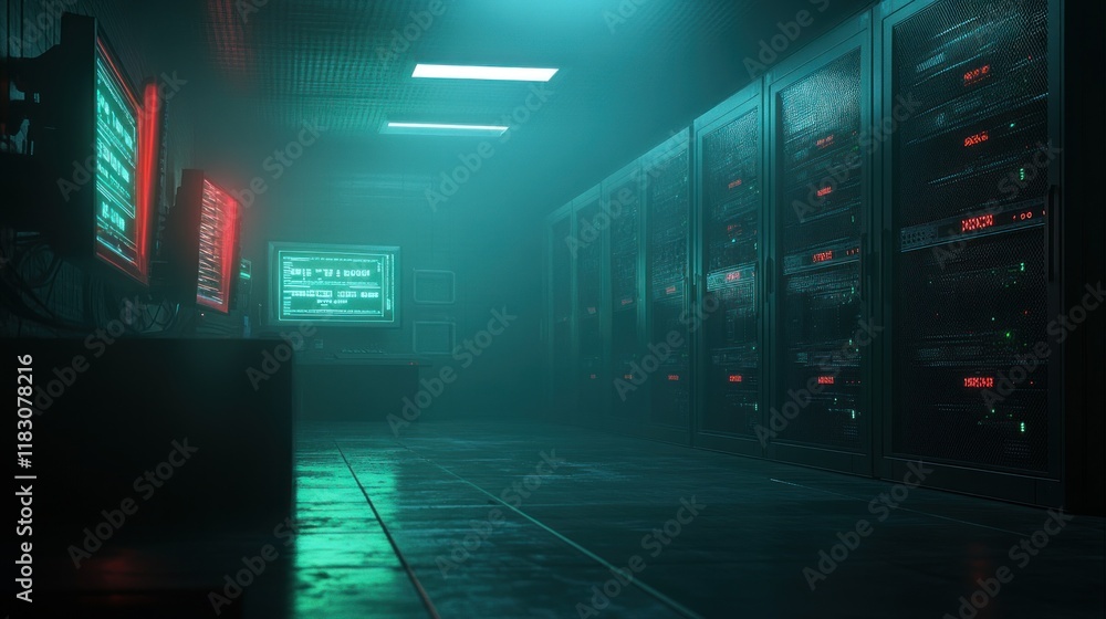 Dark server room with glowing monitors displaying code, creating a futuristic, cyberpunk atmosphere. Dark server room with glowing monitors displaying code, creating a futuristic, cyberpunk atmosphere.