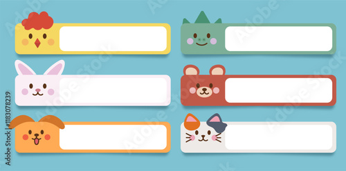 Set of cute name tag label template for school, Notebooks, Books, Stationery, Backpacks, Lunch Boxes. School label animal stickers for kids. 