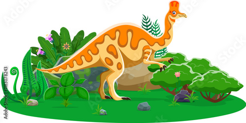 Corythosaurus prehistoric dinosaur cartoon character. Vector duck-billed herbivorous dino that lived in North America during the Cretaceous Period. Wildlife ancient animal with crest and long tail