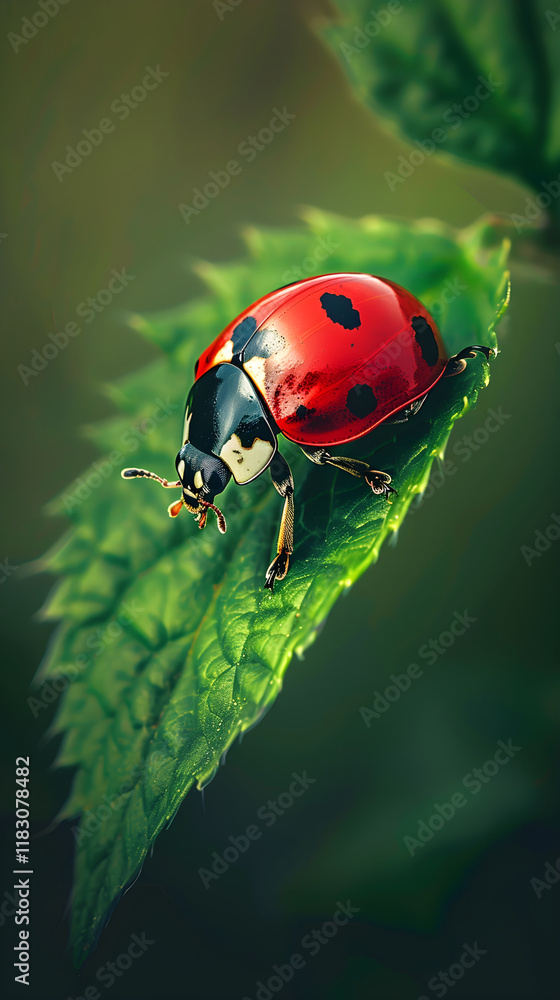 Naklejka premium Capturing a Moment of Silence: Vibrant Ladybird on a Tranquil Leaf in Natural Daylight
