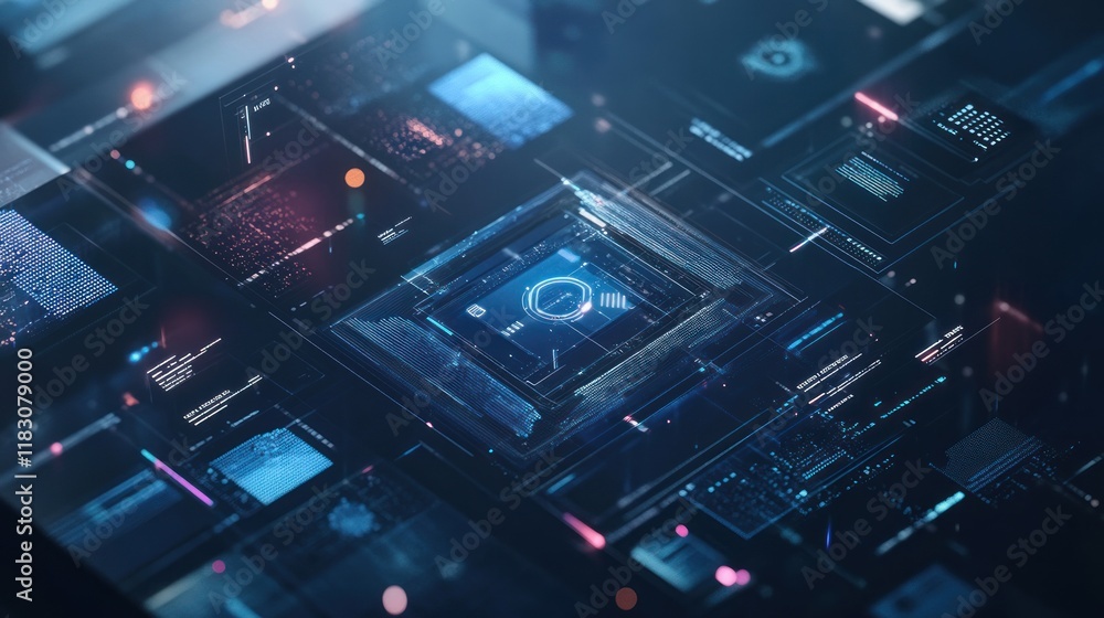 Futuristic digital interface with data streams and central processing unit. Futuristic digital interface with data streams and central processing unit.