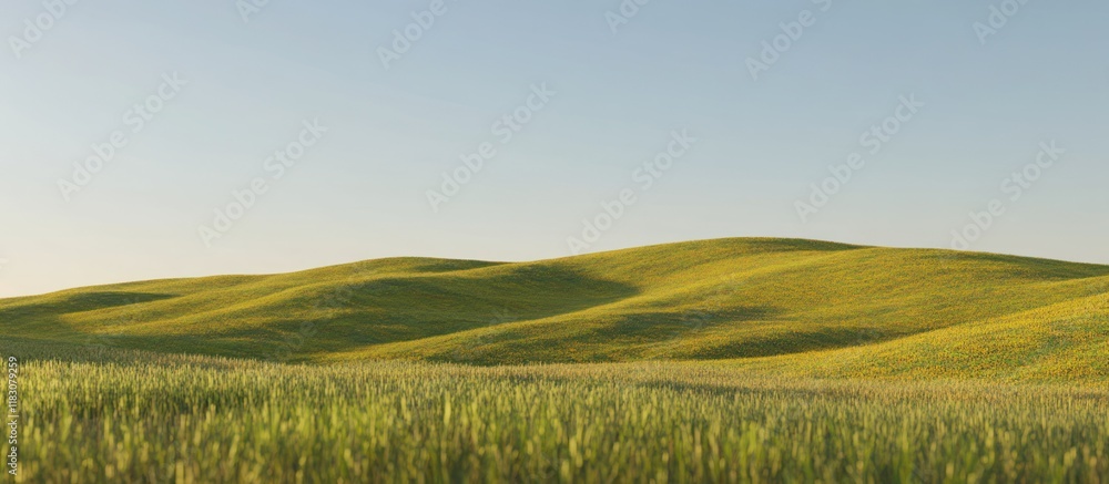 Obraz premium Rolling green hills and wheat field under a clear sky.