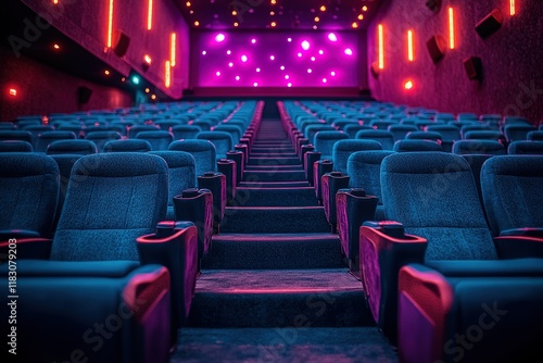 Empty cinema auditorium with rows of plush blue seats under pink and purple lighting.  A captivating cinematic experience awaits. photo