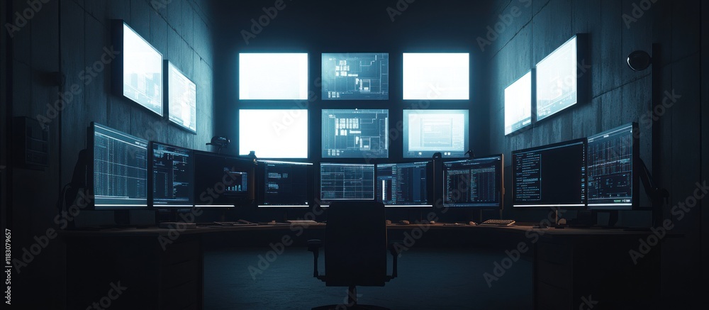 Naklejka premium Dark control room with multiple computer screens displaying data.