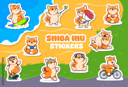 Kawaii shiba inu dog and puppy characters sticker. Cute animal pet childish happy vector mascot stickers, kawaii Japanese Shiba inu dog cartoon personages surfing, riding bike, jogging and skating