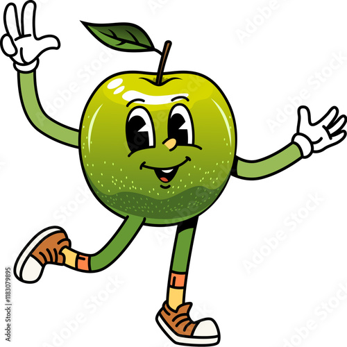 Cartoon groovy apple fruit character with happy face and fingers peace sign, vector emoji. Groovy green apple smiling with freaky emotion and peace or cool Hi gesture sign as retro cartoon character