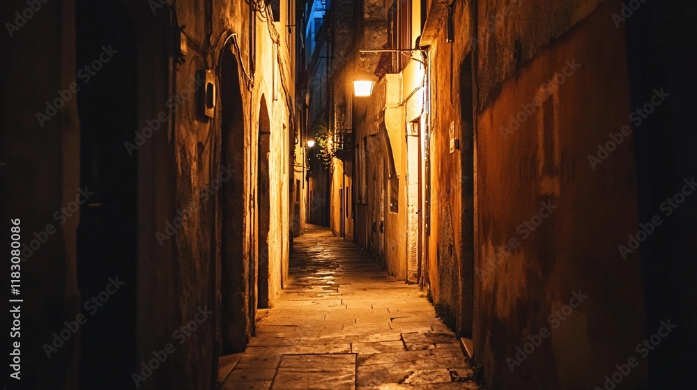 Obraz premium Narrow cobblestone alleyway illuminated by warm lamplight in historic town, showcasing ancient buildings and serene evening atmosphere for travel photography
