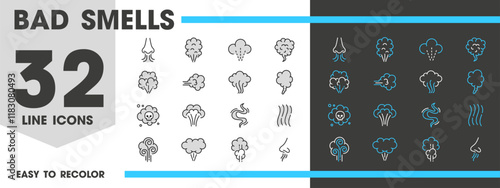 Bad smell and smoke, toxic stinky odor clouds of fart or breath, vector line icons. Bas smell and stink gas steam effects with skull and nose pictograms of toxic stench mist waves and vapor puffs