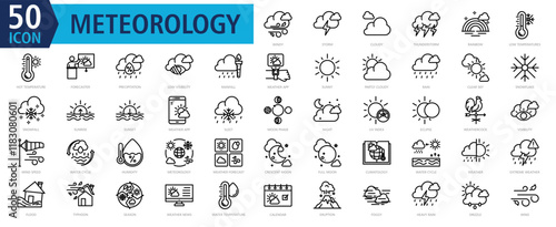 METEOROLOGY ICON SET With windy, storm, cloudy, thunderstorm, rainbow, low temperatures, hot temperature, forecaster, precipitation and low visibility