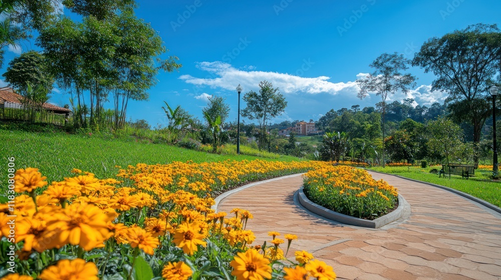 Obraz premium Winding path through vibrant yellow flower garden.