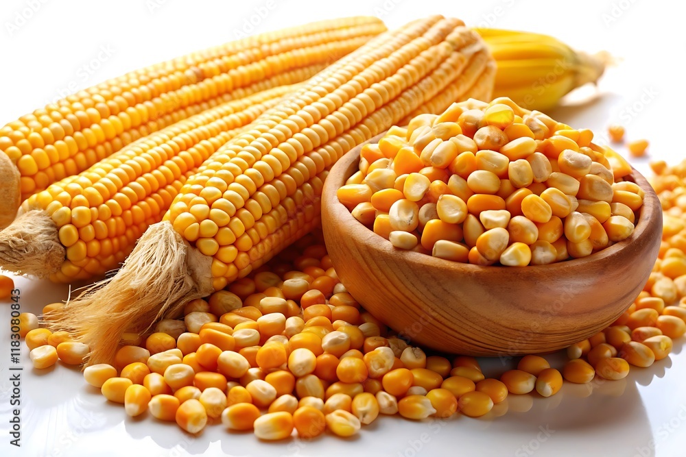 A close-up of a group of corn cobs, some with husks removed, revealing rows of yellow kernels. A wooden bowl filled with loose kernels sits near the cobs. A close-up of a group of corn cobs, some with husks removed, revealing rows of yellow kernels. A wooden bowl filled with loose kernels sits near the cobs.