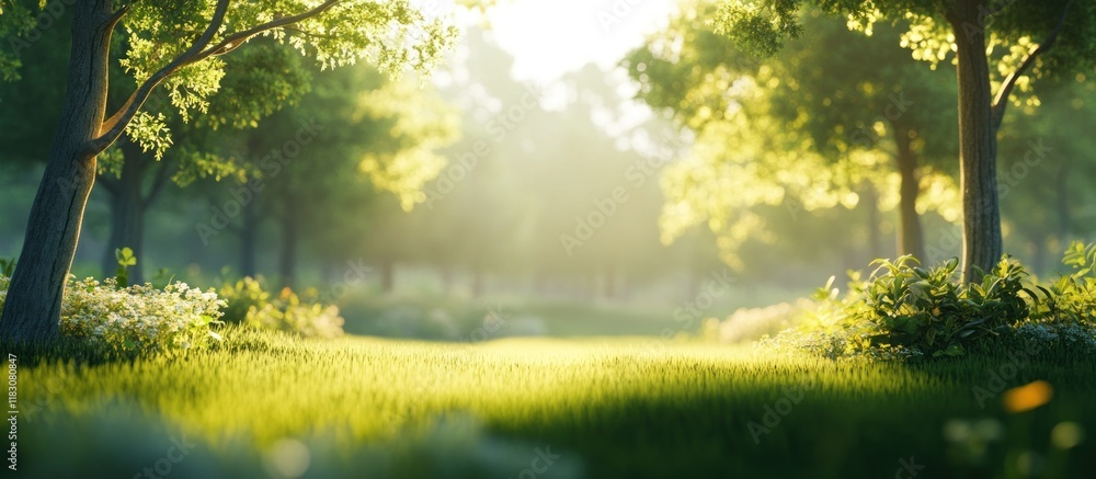 Fototapeta premium Sunlit green forest path with lush grass and trees.