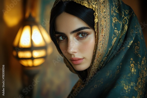 Beautiful woman in teal headscarf, gold accents. Perfect for themes of mystery, elegance, and cultural heritage. photo