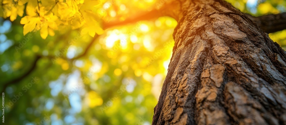 Obraz premium Close-up of tree trunk with sunlit yellow leaves.