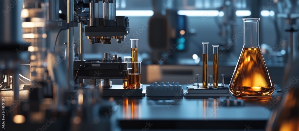 Modern lab with amber liquid in glassware. Modern lab with amber liquid in glassware.
