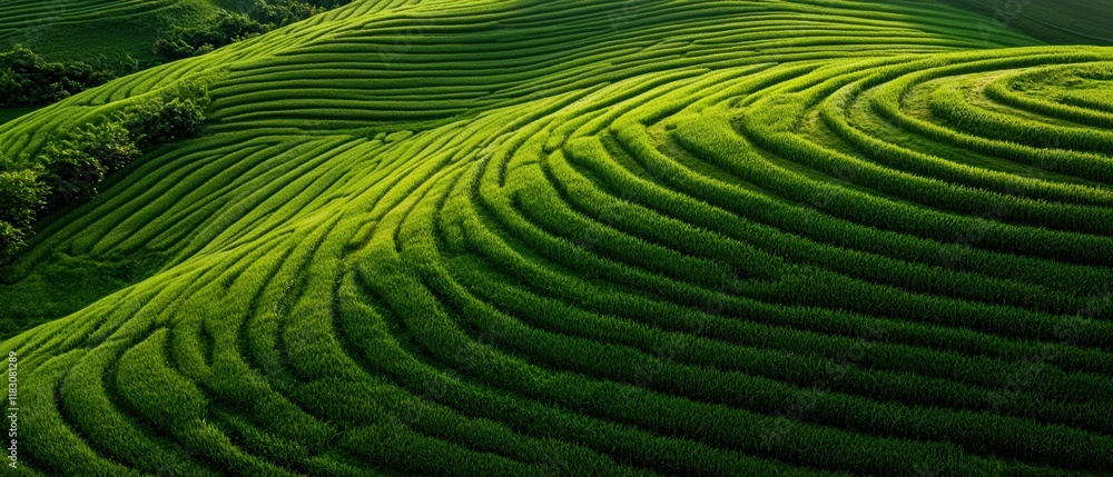 Fototapeta premium Lush green hills feature beautifully patterned terraces, showcasing the harmony of nature and agriculture in a vibrant landscape.