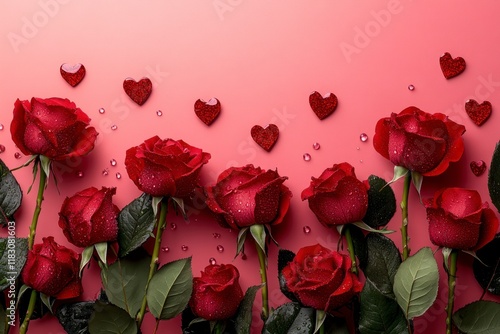 Beautiful Valentines Day Background with Red Roses and Glittering Hearts, Ideal for Romantic Themes and Celebrations, Perfect for Cards and Decorations