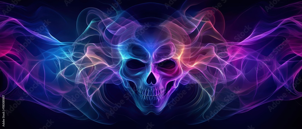 Fototapeta premium A vibrant digital artwork featuring a colorful skull surrounded by swirling smoke in shades of blue, purple, and pink on a dark background.