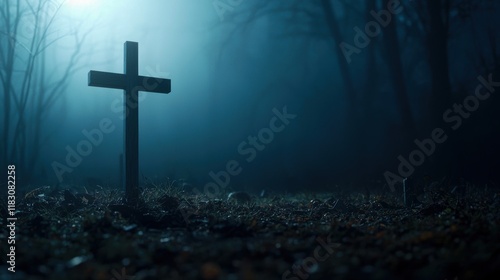 A solitary cross stands in a misty, dark forest, evoking a somber and mysterious atmosphere.