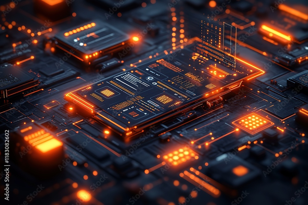Futuristic circuit board with glowing components and data streams. Abstract technological background.