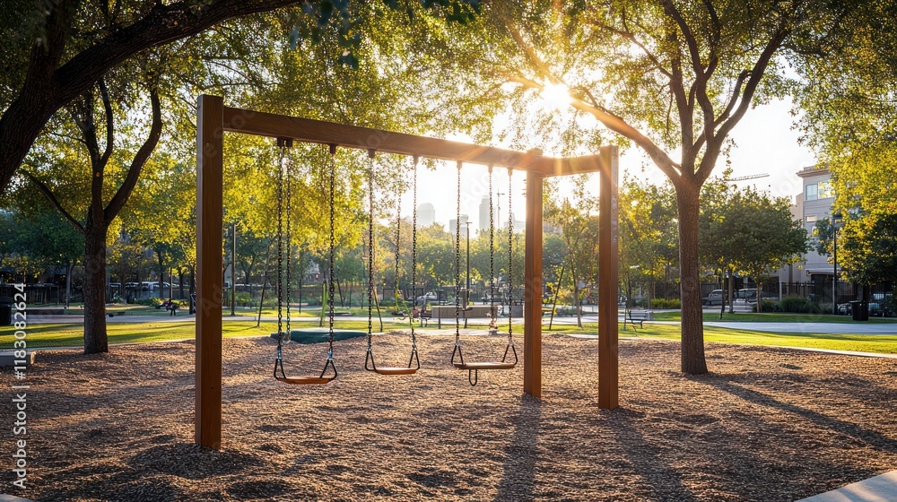 Fototapeta premium Golden hour sunlight through trees on empty playground swings.