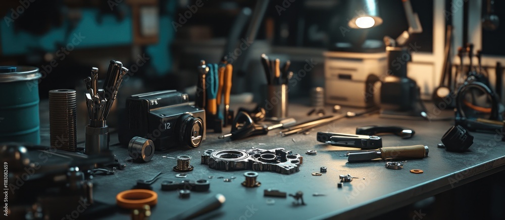 Naklejka premium Mechanic's workbench with tools and disassembled parts.