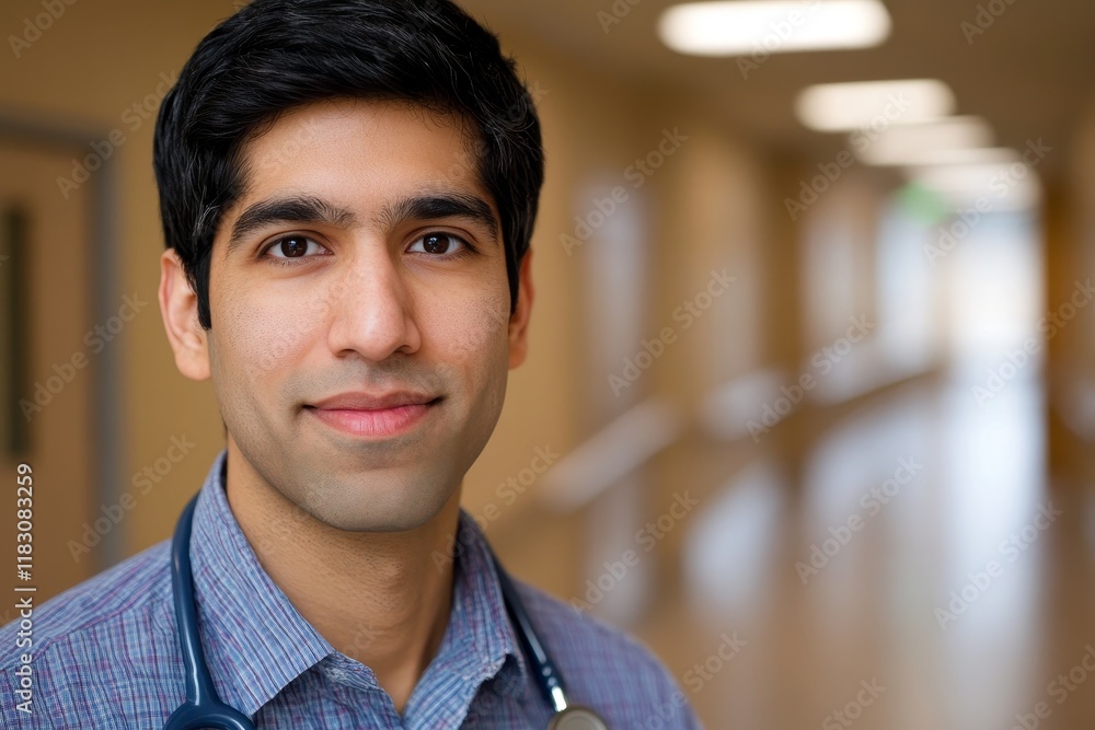 Fototapeta premium Young male healthcare professional with stethoscope in hospital hallway, showcasing confidence and dedication to patient care in modern medical environment