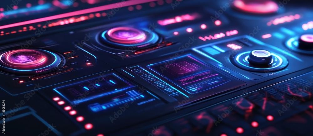Futuristic digital interface with glowing buttons and screens. Futuristic digital interface with glowing buttons and screens.