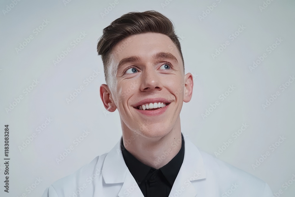 Young male medical professional in white lab coat smiling cheerfully while looking up against a plain background, conveying positivity and approachability in healthcare settings. Young male medical professional in white lab coat smiling cheerfully while looking up against a plain background, conveying positivity and approachability in healthcare settings.