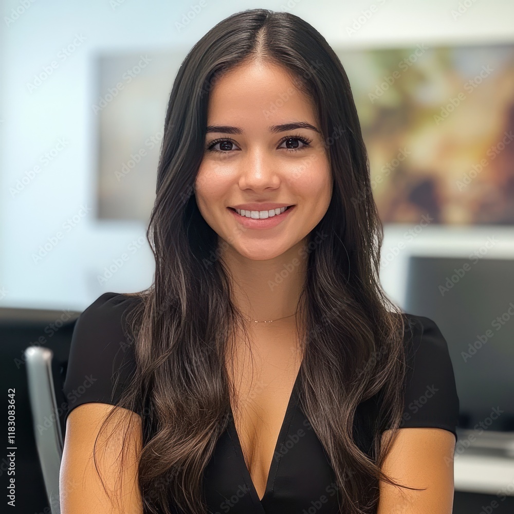 Smiling young Hispanic woman in office. Smiling young Hispanic woman in office.