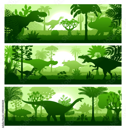 Prehistoric era dinosaurs at tropical forest landscape. Vector horizontal banners in green hues feature dino species silhouette roaming at lush jungle landscape with varied plants at sunset background