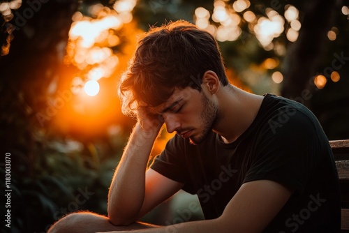 Young man with thoughtful demeanor, enjoying peaceful moment during sunset in serene outdoor setting, capturing deep emotions and tranquility in nature's beauty.