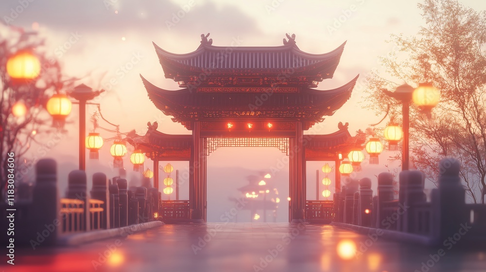 Fototapeta premium Stylized minimalistic depiction of lanterns and fireworks in a dark sky with golden sparkles, clean negative space for text placement.