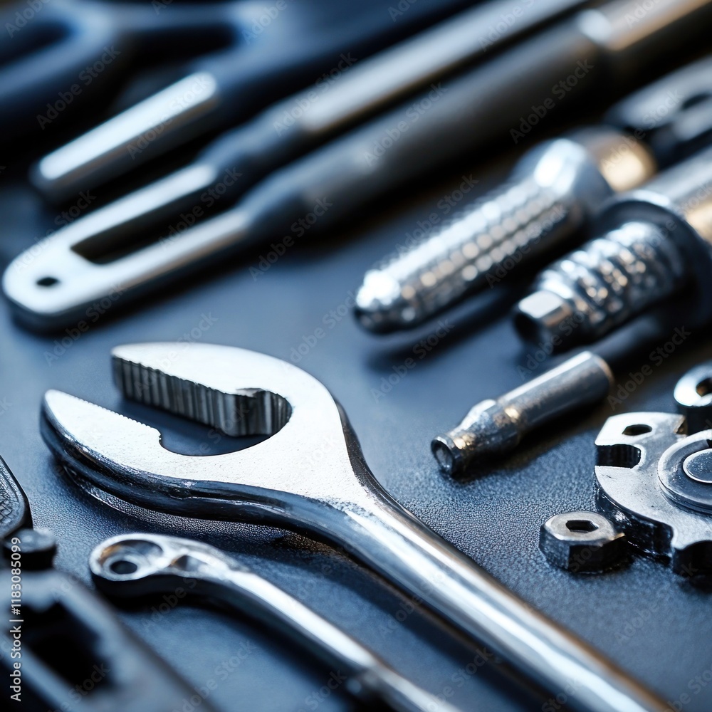 Fototapeta premium Close-up of various shiny metal tools on a dark surface.