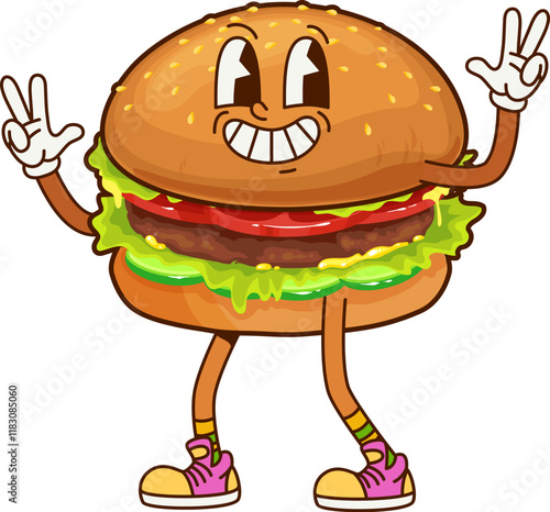 Cartoon fast food hamburger groovy character. Junk restaurant meal, street cafe hamburger or fast food menu snack happy groovy isolated vector personage. Takeaway restaurant meal funny mascot