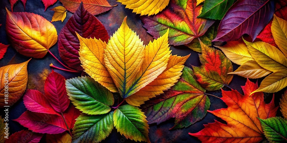 Fototapeta premium Lush Watercolor Autumn Leaves, Deep Red & Yellow Fall Foliage, Dark Background Stock Photo