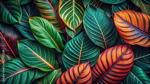 Wallpaper Mural Vibrant Tropical Foliage A Lush Collection of Green and Orange Leaves with Intricate Veining Patterns Torontodigital.ca