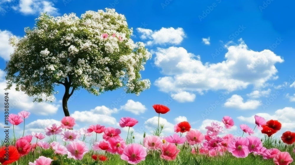 Spring Blossoms and Poppy Field Under Blue Sky Spring Blossoms and Poppy Field Under Blue Sky
