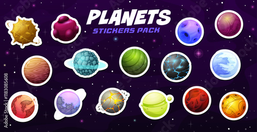 Cartoon alien space planets stickers pack, vector kids astronomy. Fantasy galaxy planets and magic stars with ice, rock and lightning surface, orbit rings and satellites on outer space sky background