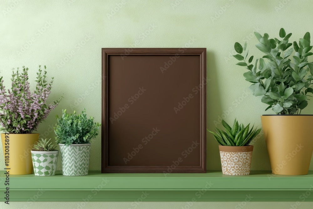 Empty frame mockup, plants, shelf, green wall, home decor (4) Empty frame mockup, plants, shelf, green wall, home decor (4)