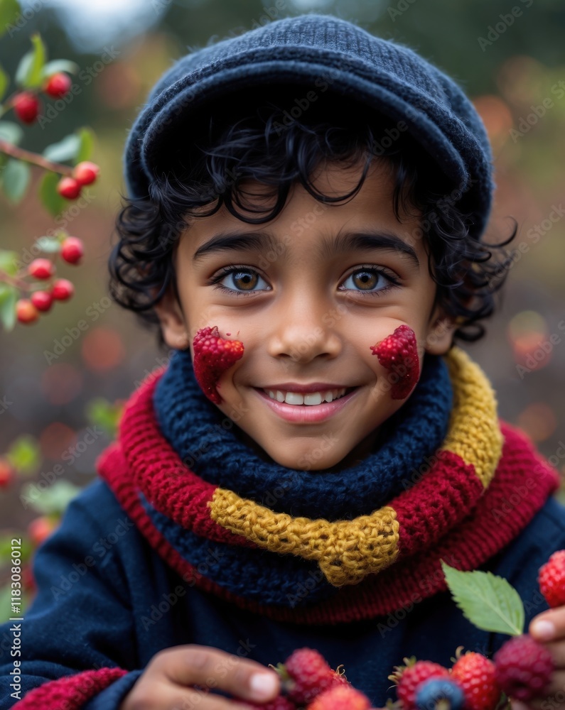 A joyful child with curly hair smiles, adorned with colorful berries and a knitted scarf, set against a vibrant, natural background. A joyful child with curly hair smiles, adorned with colorful berries and a knitted scarf, set against a vibrant, natural background.