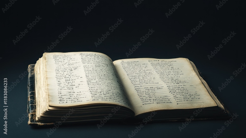 Open antique book with yellowed pages on dark background. Open antique book with yellowed pages on dark background.
