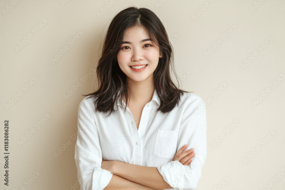 Side view young smiling Asia woman she wear white shirt casual clothes hold hands crossed folded look camera isolated on plain pastel light beige background studio portrait. Lifestyle concept Side view young smiling Asia woman she wear white shirt casual clothes hold hands crossed folded look camera isolated on plain pastel light beige background studio portrait. Lifestyle concept