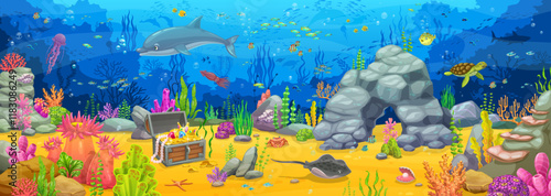 Cartoon underwater landscape with treasure chest, sea animals and seaweeds. Game level vector background of underwater tropical ocean or aquarium landscape with fish, dolphin, jellyfish, corals, crab
